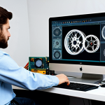 A focused male engineer, in his late 20s or early 30s, wearing a modest long-sleeved button-up shirt, working diligently at a clean desk in a well-organized workshop. He holds a detailed 3D-printed component for a racing wheel in one hand, while his other hand gestures towards a computer screen displaying a complex CAD software design of the wheel. Various electronic components like a servo motor and circuit boards are neatly arranged beside him. The scene is illuminated by soft, professional studio lighting, highlighting the intricate details of the DIY project. Perfect anatomy, well-formed hands, correct proportions, natural pose, professional photography, high quality, safe for work, appropriate content, fully clothed, professional.