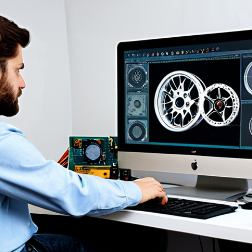 A focused male engineer, in his late 20s or early 30s, wearing a modest long-sleeved button-up shirt, working diligently at a clean desk in a well-organized workshop. He holds a detailed 3D-printed component for a racing wheel in one hand, while his other hand gestures towards a computer screen displaying a complex CAD software design of the wheel. Various electronic components like a servo motor and circuit boards are neatly arranged beside him. The scene is illuminated by soft, professional studio lighting, highlighting the intricate details of the DIY project. Perfect anatomy, well-formed hands, correct proportions, natural pose, professional photography, high quality, safe for work, appropriate content, fully clothed, professional.