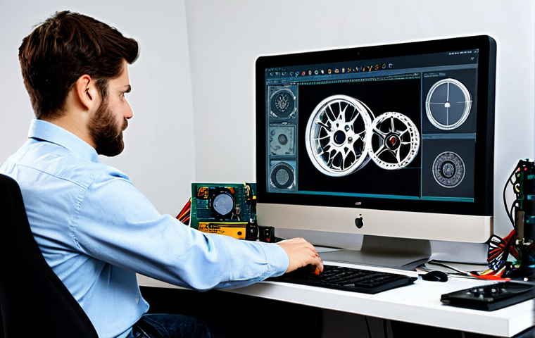 A focused male engineer, in his late 20s or early 30s, wearing a modest long-sleeved button-up shirt, working diligently at a clean desk in a well-organized workshop. He holds a detailed 3D-printed component for a racing wheel in one hand, while his other hand gestures towards a computer screen displaying a complex CAD software design of the wheel. Various electronic components like a servo motor and circuit boards are neatly arranged beside him. The scene is illuminated by soft, professional studio lighting, highlighting the intricate details of the DIY project. Perfect anatomy, well-formed hands, correct proportions, natural pose, professional photography, high quality, safe for work, appropriate content, fully clothed, professional.