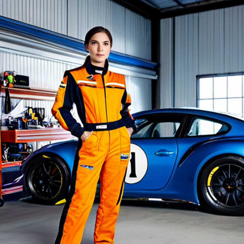 레이싱게임의 시장 규모 - **Prompt:** A professional female race car engineer in a fully clothed, modest racing team uniform, ...