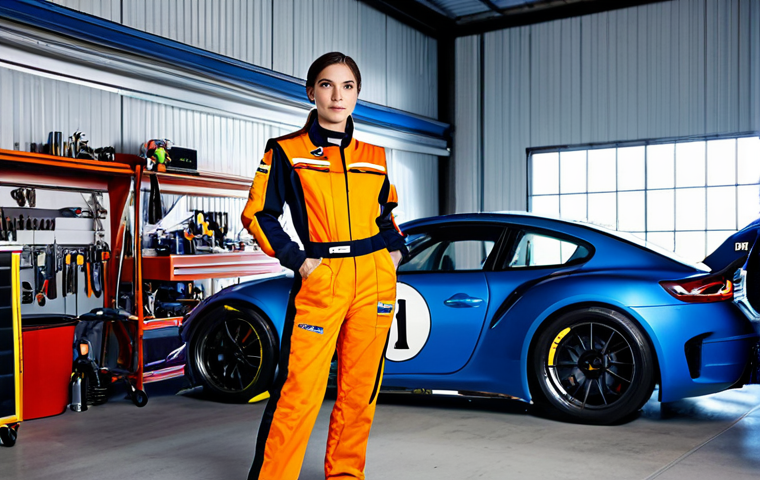 레이싱게임의 시장 규모 - **Prompt:** A professional female race car engineer in a fully clothed, modest racing team uniform, ...