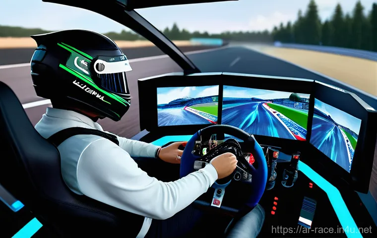 실제 레이서가 추천하는 게임 - **Immersive Racing Simulator Experience:** A highly detailed, realistic image of a professional ...