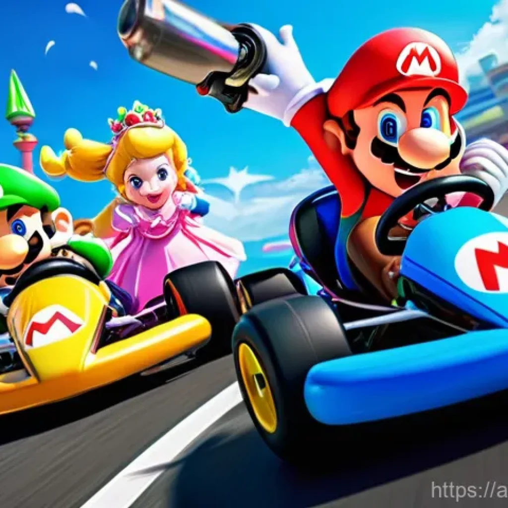 닌텐도 스위치 레이싱게임 - **Prompt:** A vibrant, dynamic illustration depicting the exhilarating chaos of a "Mario Kart 8 Delu...