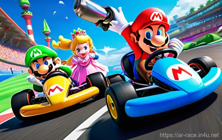 닌텐도 스위치 레이싱게임 - **Prompt:** A vibrant, dynamic illustration depicting the exhilarating chaos of a "Mario Kart 8 Delu...