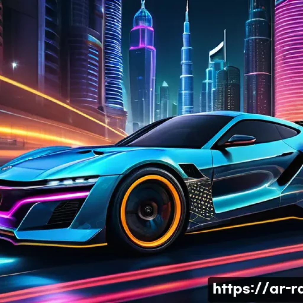 레이싱게임 음악 스트리밍 - A dynamic racing scene set in a modern Middle Eastern cityscape at dusk, featuring a sleek, high-per...