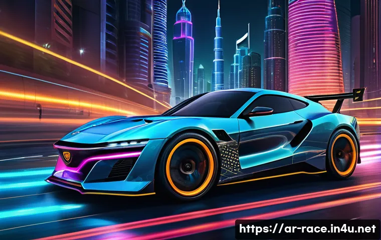 레이싱게임 음악 스트리밍 - A dynamic racing scene set in a modern Middle Eastern cityscape at dusk, featuring a sleek, high-per...