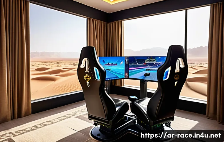 최고의 레이싱 게임기 - A realistic racing simulator setup designed for an Arabic-speaking gamer, featuring a high-precision...