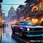 무료 레이싱게임 추천 - A dynamic racing scene set in a bustling Middle Eastern city at dusk, featuring diverse free-to-play...