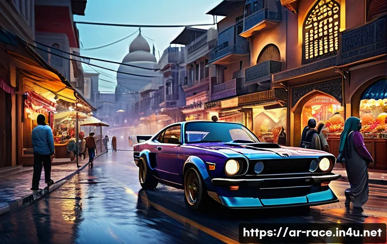 무료 레이싱게임 추천 - A dynamic racing scene set in a bustling Middle Eastern city at dusk, featuring diverse free-to-play...
