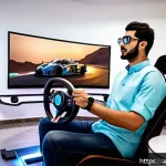 다중 플레이어 레이싱게임 - A highly detailed scene of a realistic racing simulator setup in a modern Arabic home, featuring a s...