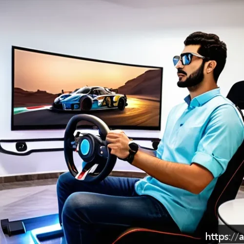 다중 플레이어 레이싱게임 - A highly detailed scene of a realistic racing simulator setup in a modern Arabic home, featuring a s...
