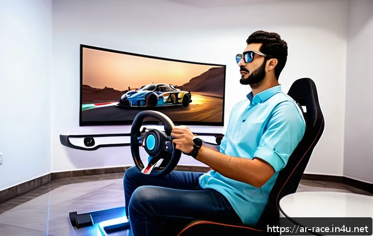 다중 플레이어 레이싱게임 - A highly detailed scene of a realistic racing simulator setup in a modern Arabic home, featuring a s...