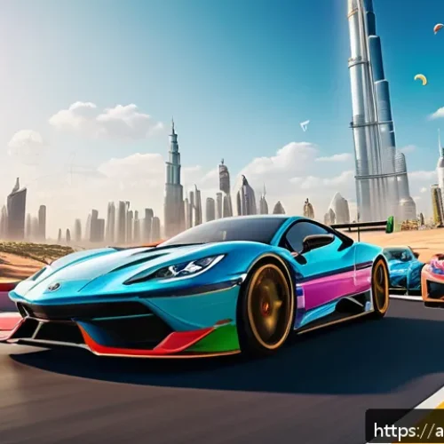 레이싱게임의 사회적 영향 - A vibrant online multiplayer racing game scene featuring diverse Arab youth players wearing casual m...