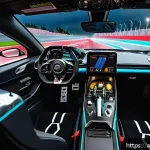 실감 나는 레이싱게임 - A hyper-realistic racing simulation scene inside a high-tech race car cockpit, showing intricate det...