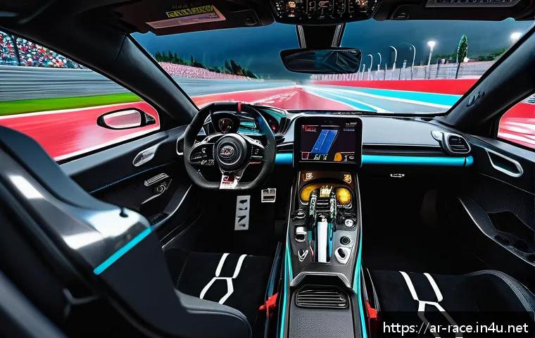 실감 나는 레이싱게임 - A hyper-realistic racing simulation scene inside a high-tech race car cockpit, showing intricate det...