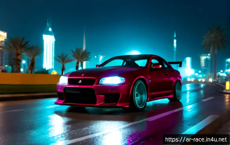 니드포스피드 언바운드 - Photorealistic midnight street-racing scene in a modern Gulf city, a sleek customized sports coupe d...