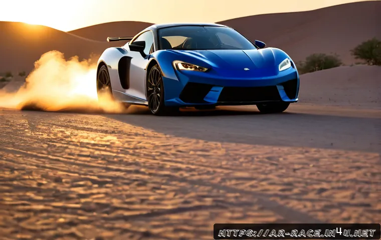 Home 17 레이싱 모드별 장단점 - Photorealistic split-scene comparison of a sleek unbranded sports car on a modern desert racing circ...